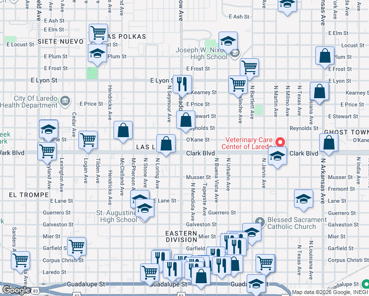 map of restaurants, bars, coffee shops, grocery stores, and more near 1602 Clark Boulevard in Laredo