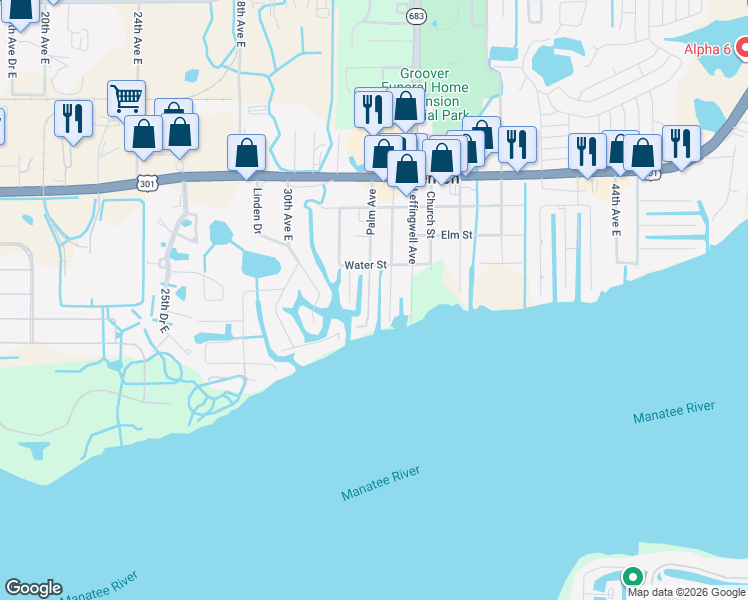 map of restaurants, bars, coffee shops, grocery stores, and more near 608 Palm Avenue in Ellenton
