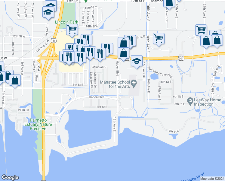 map of restaurants, bars, coffee shops, grocery stores, and more near 126 Washington Drive in Palmetto