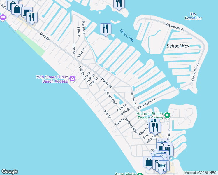 map of restaurants, bars, coffee shops, grocery stores, and more near 401 72nd Street in Holmes Beach