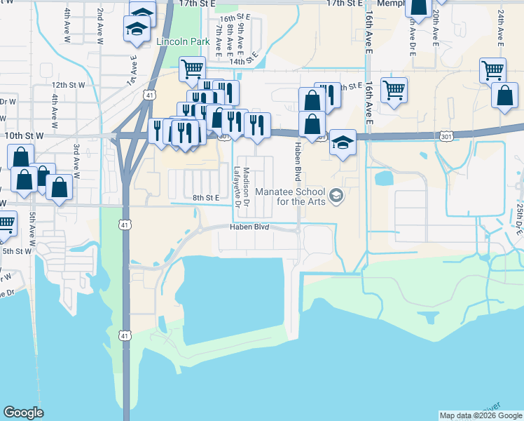 map of restaurants, bars, coffee shops, grocery stores, and more near 900 9th Avenue East in Palmetto