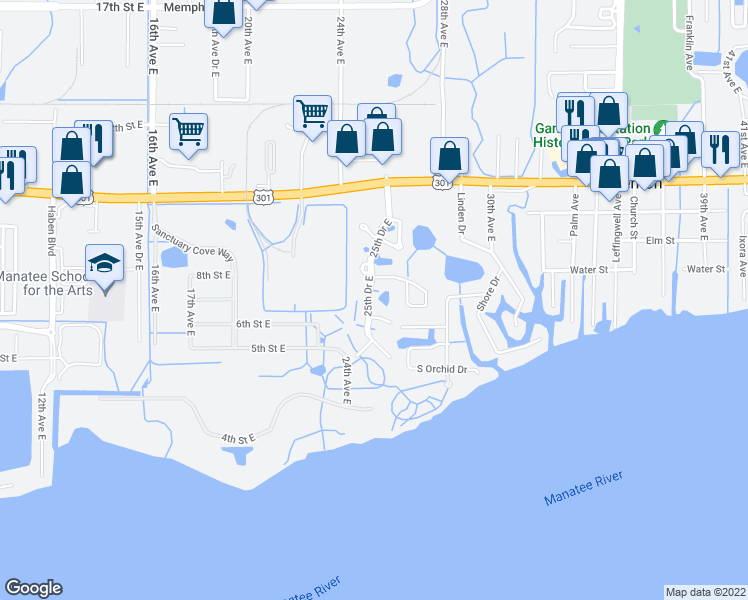 map of restaurants, bars, coffee shops, grocery stores, and more near 516 25th Drive East in Ellenton