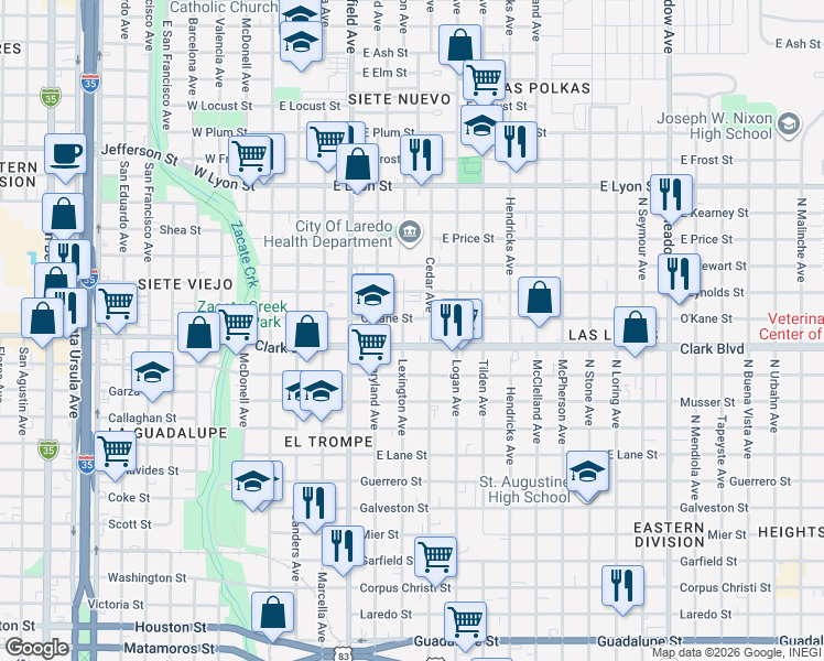 map of restaurants, bars, coffee shops, grocery stores, and more near 601 O'Kane Street in Laredo
