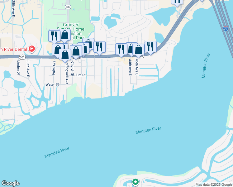 map of restaurants, bars, coffee shops, grocery stores, and more near 608 Poinsettia Avenue in Ellenton