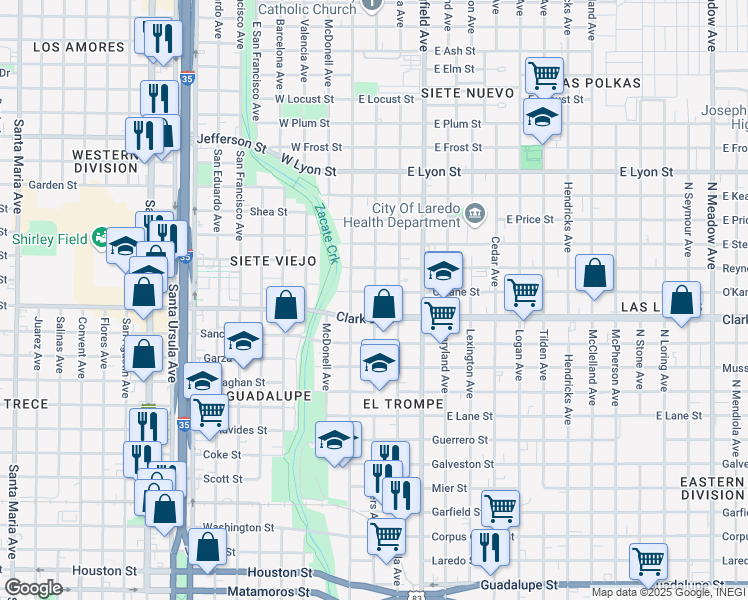 map of restaurants, bars, coffee shops, grocery stores, and more near 2310 Sanders Avenue in Laredo