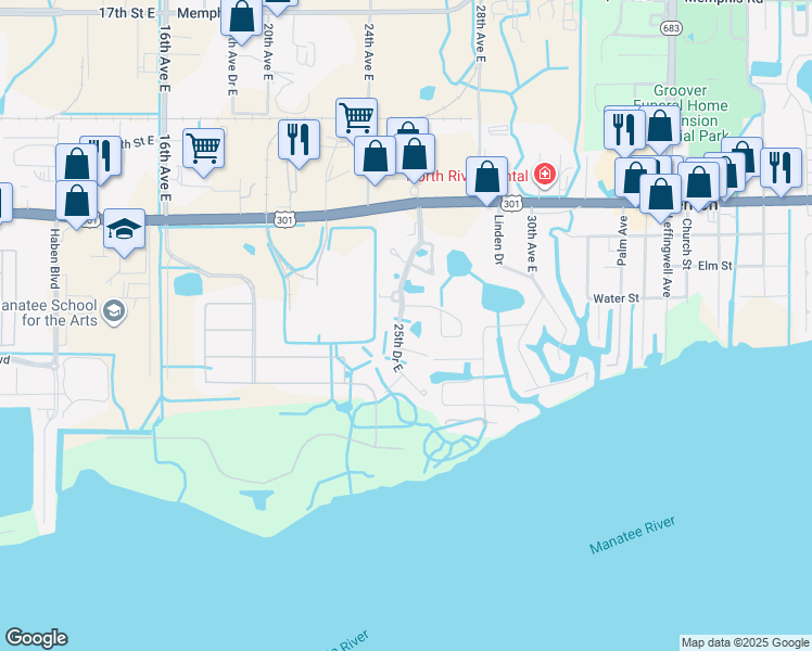 map of restaurants, bars, coffee shops, grocery stores, and more near 604 25th Drive East in Ellenton