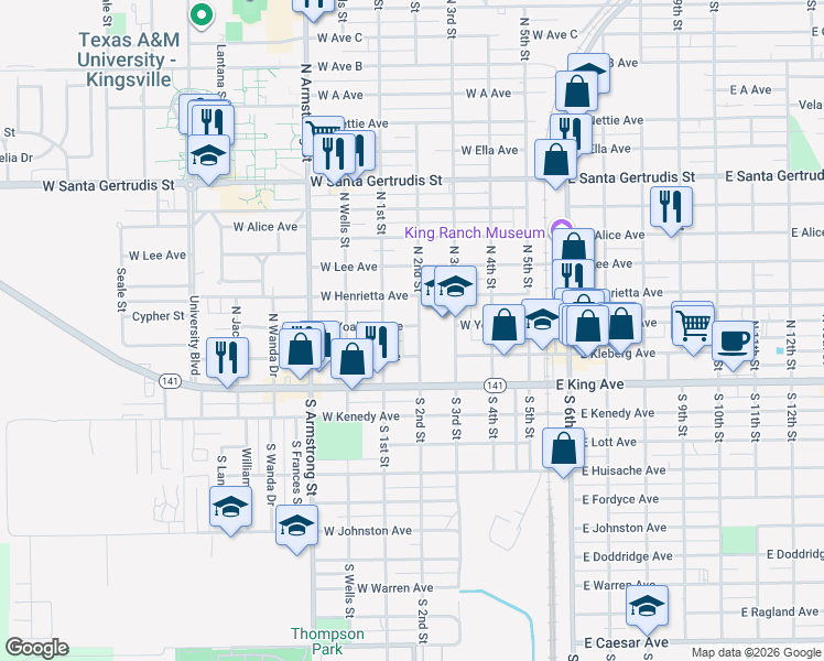 map of restaurants, bars, coffee shops, grocery stores, and more near 123 North 2nd Street in Kingsville