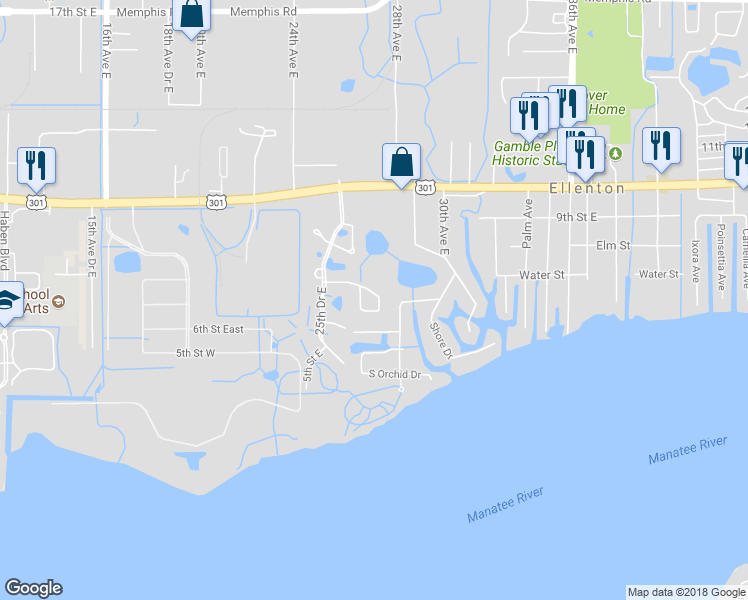 map of restaurants, bars, coffee shops, grocery stores, and more near 2615 6th Court East in Ellenton
