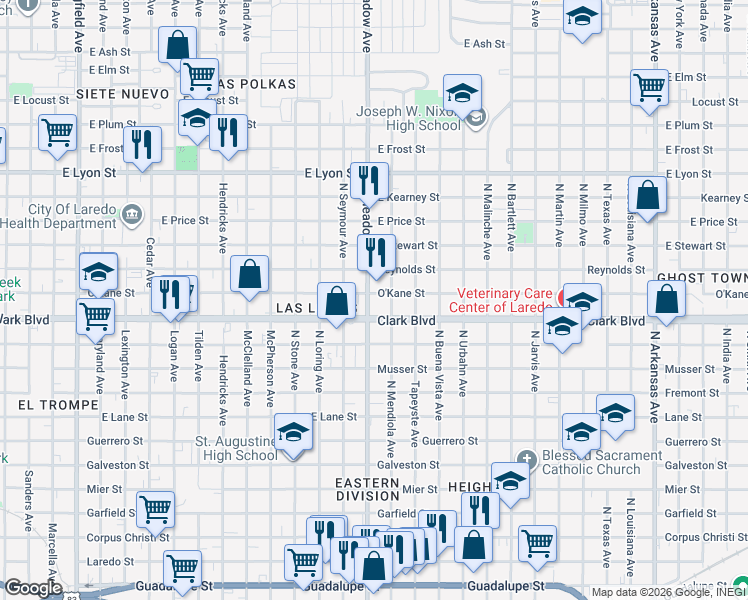 map of restaurants, bars, coffee shops, grocery stores, and more near 1602 Clark Boulevard in Laredo
