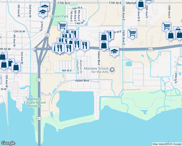 map of restaurants, bars, coffee shops, grocery stores, and more near 126 Washington Drive in Palmetto