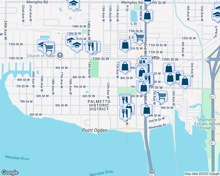 map of restaurants, bars, coffee shops, grocery stores, and more near 1121 7th Street West in Palmetto