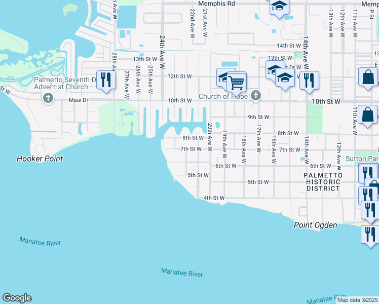map of restaurants, bars, coffee shops, grocery stores, and more near 2201 7th Street West in Palmetto
