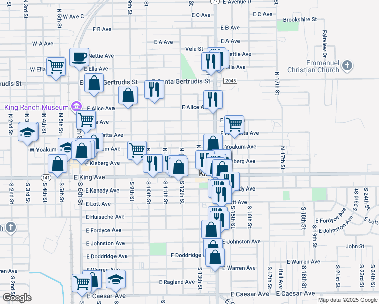 map of restaurants, bars, coffee shops, grocery stores, and more near 809 East Yoakum Avenue in Kingsville