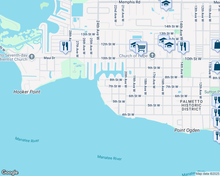 map of restaurants, bars, coffee shops, grocery stores, and more near 2201 7th Street West in Palmetto