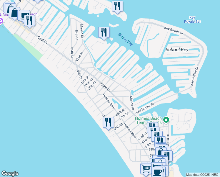 map of restaurants, bars, coffee shops, grocery stores, and more near 401 72nd Street in Holmes Beach