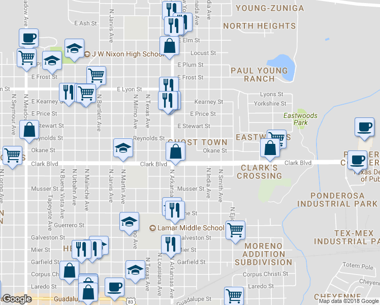 map of restaurants, bars, coffee shops, grocery stores, and more near 2319 North New York Avenue in Laredo