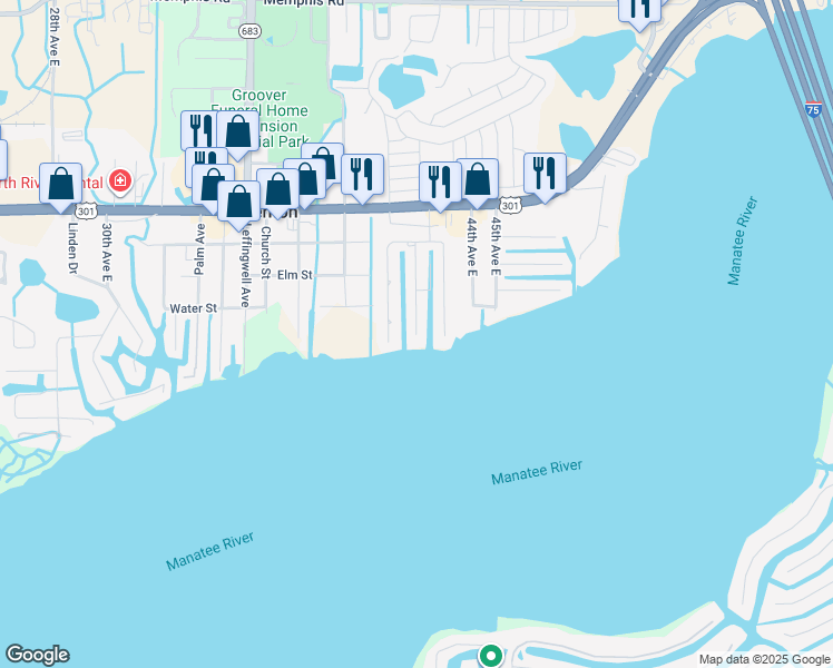 map of restaurants, bars, coffee shops, grocery stores, and more near 601 Poinsettia Avenue in Ellenton