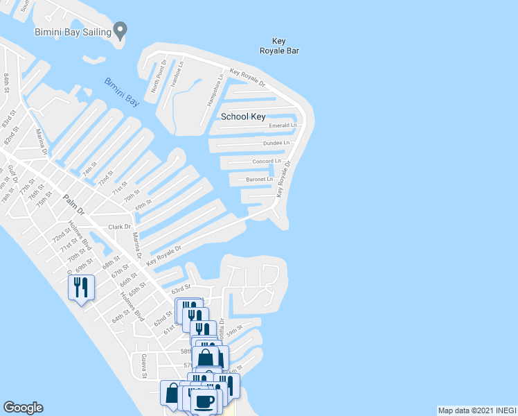 map of restaurants, bars, coffee shops, grocery stores, and more near 606 Key Royale Drive in Bradenton Beach