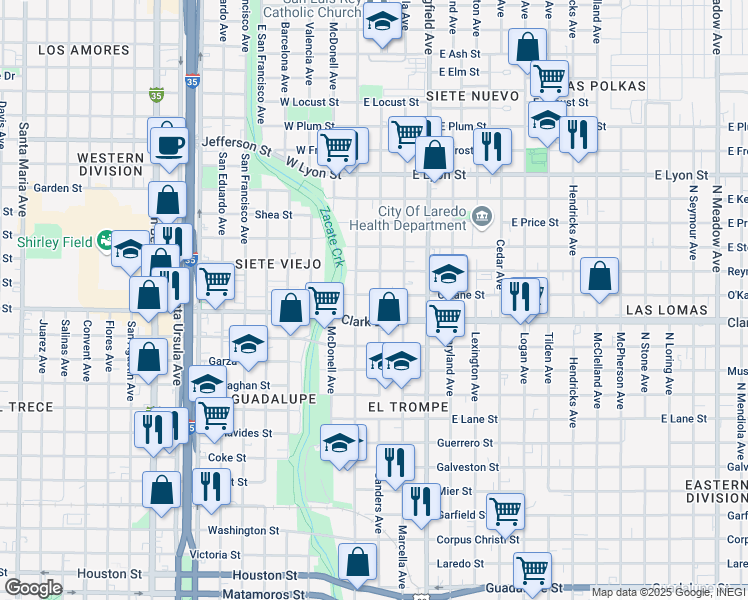 map of restaurants, bars, coffee shops, grocery stores, and more near 2320 Sanders Avenue in Laredo