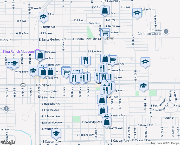map of restaurants, bars, coffee shops, grocery stores, and more near 809 East Yoakum Avenue in Kingsville