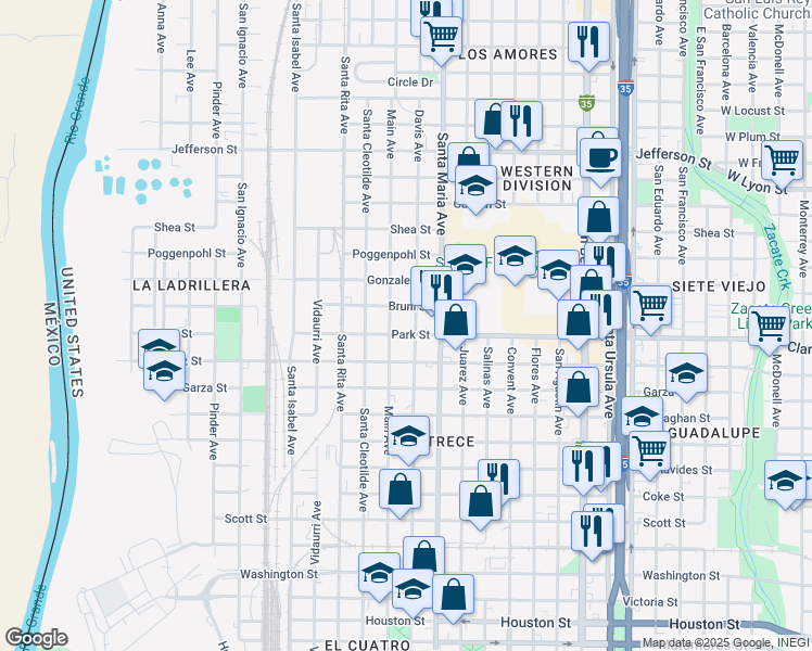 map of restaurants, bars, coffee shops, grocery stores, and more near 1604 Park St in Laredo