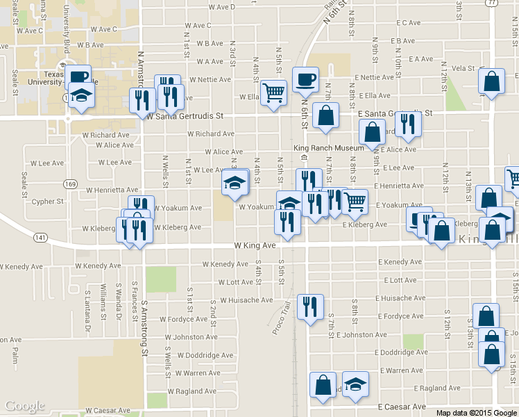 map of restaurants, bars, coffee shops, grocery stores, and more near 120 North 4th Street in Kingsville