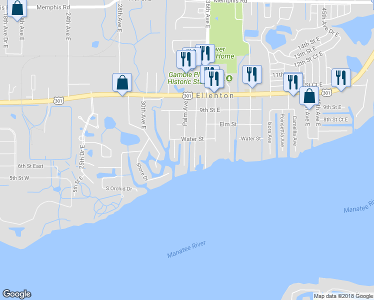map of restaurants, bars, coffee shops, grocery stores, and more near 608 Palm Avenue in Ellenton