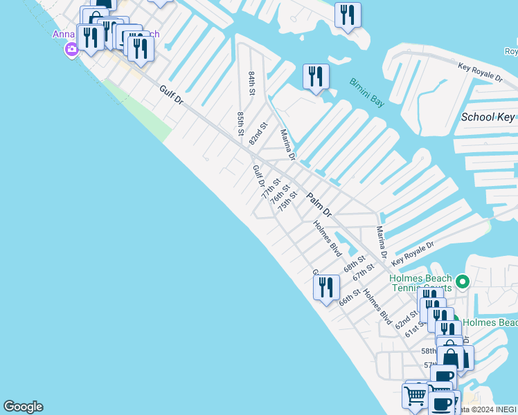 map of restaurants, bars, coffee shops, grocery stores, and more near 105 77th Street in Holmes Beach