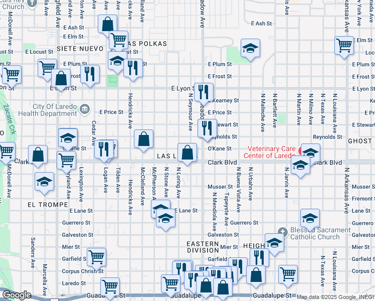 map of restaurants, bars, coffee shops, grocery stores, and more near 2320 North Seymour Avenue in Laredo