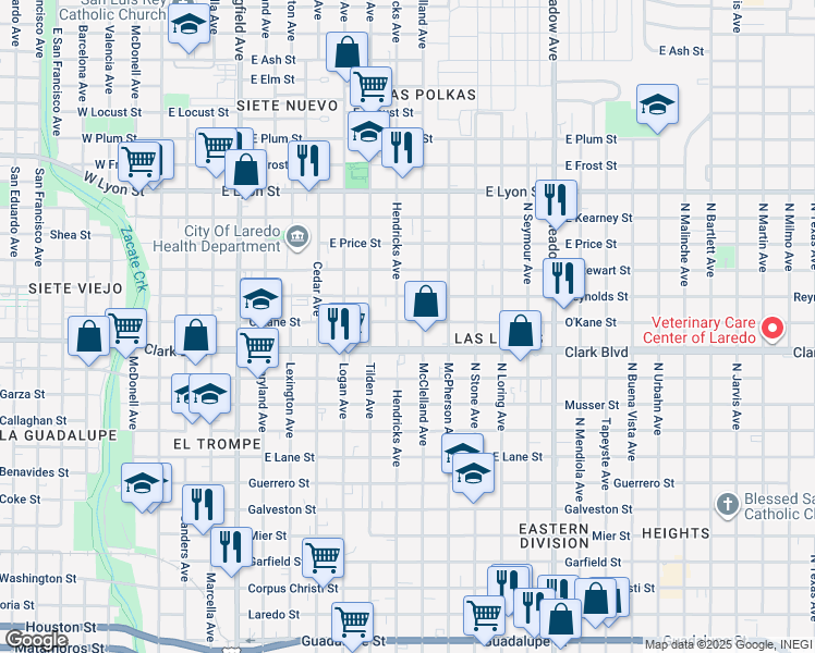 map of restaurants, bars, coffee shops, grocery stores, and more near 1005 O'Kane Street in Laredo