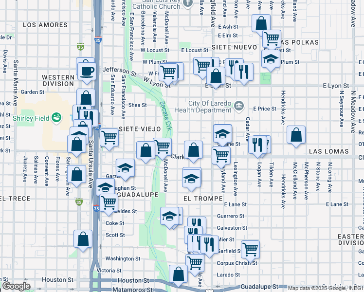 map of restaurants, bars, coffee shops, grocery stores, and more near 2320 Sanders Avenue in Laredo