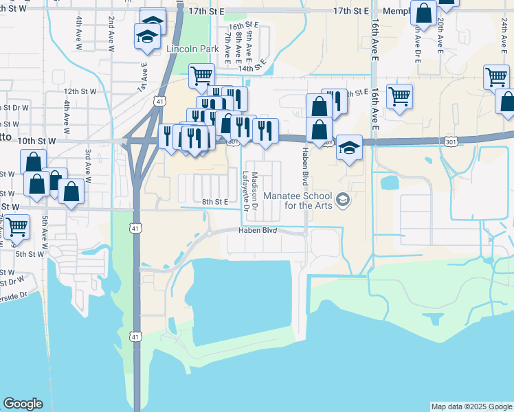 map of restaurants, bars, coffee shops, grocery stores, and more near 180 Madison Drive in Palmetto