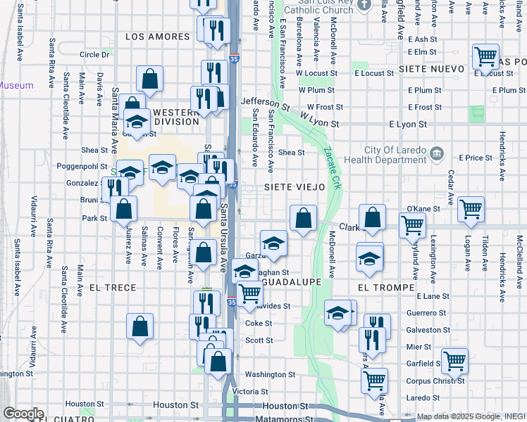 map of restaurants, bars, coffee shops, grocery stores, and more near 503 Bruni Street in Laredo