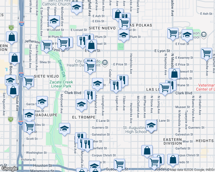 map of restaurants, bars, coffee shops, grocery stores, and more near 601 Okane Street in Laredo