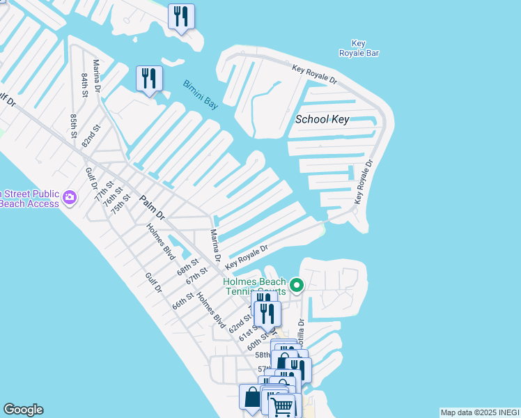 map of restaurants, bars, coffee shops, grocery stores, and more near 525 68th Street in Holmes Beach