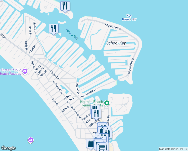 map of restaurants, bars, coffee shops, grocery stores, and more near 525 68th Street in Holmes Beach