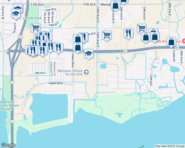 map of restaurants, bars, coffee shops, grocery stores, and more near 711 15th Avenue Drive East in Palmetto