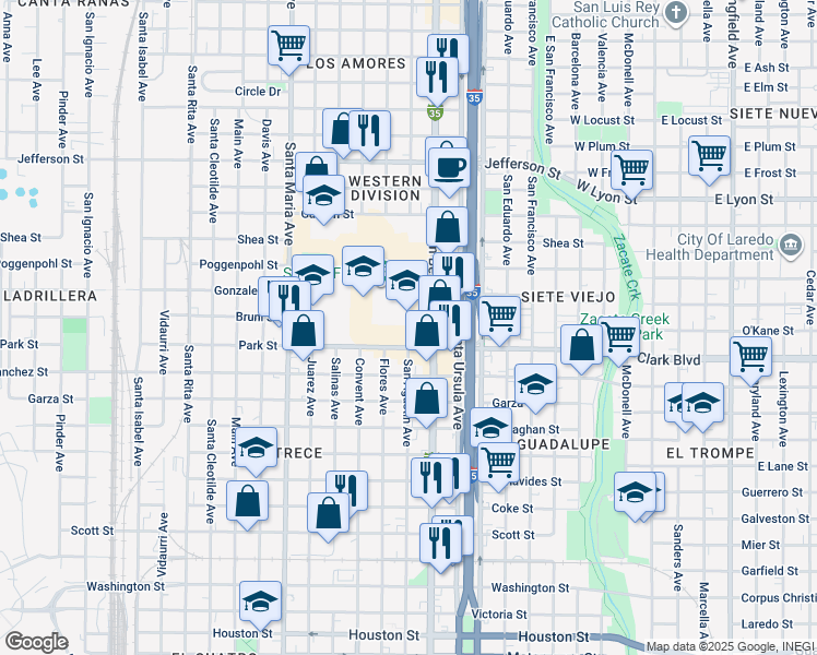 map of restaurants, bars, coffee shops, grocery stores, and more near 2002 San Bernardo Avenue in Laredo