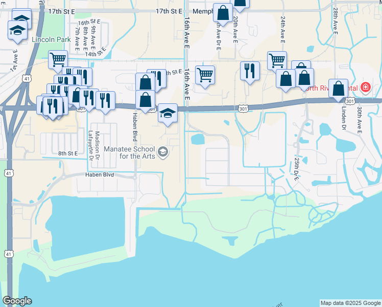 map of restaurants, bars, coffee shops, grocery stores, and more near 706 16th Avenue West in Palmetto