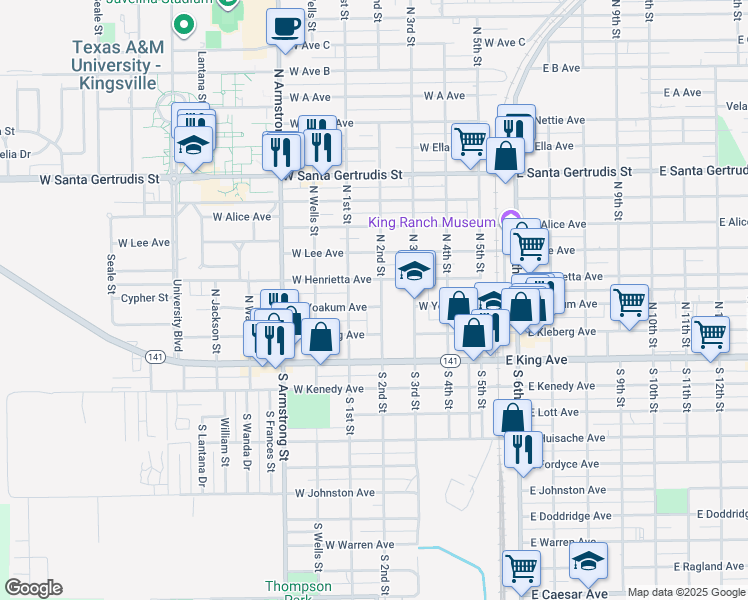map of restaurants, bars, coffee shops, grocery stores, and more near 123 North 2nd Street in Kingsville