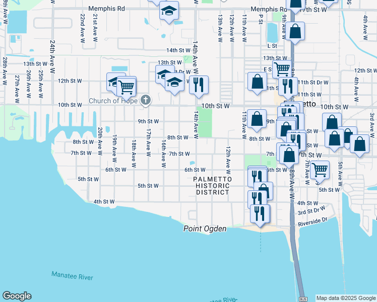 map of restaurants, bars, coffee shops, grocery stores, and more near 1419 7th Street West in Palmetto