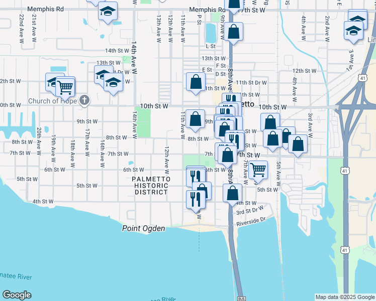 map of restaurants, bars, coffee shops, grocery stores, and more near 1034 7th Street West in Palmetto