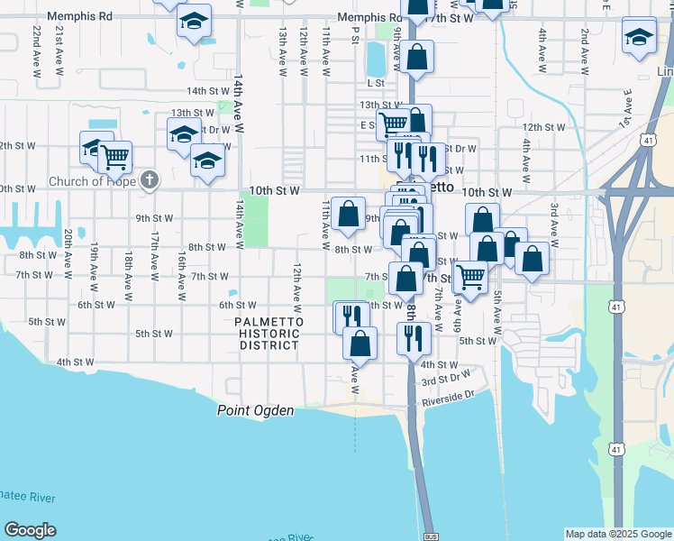 map of restaurants, bars, coffee shops, grocery stores, and more near 1034 7th Street West in Palmetto