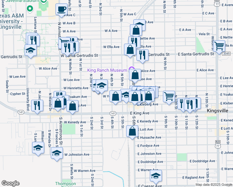 map of restaurants, bars, coffee shops, grocery stores, and more near 120 North 4th Street in Kingsville