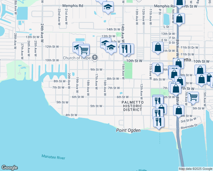 map of restaurants, bars, coffee shops, grocery stores, and more near 706 16th Avenue West in Palmetto