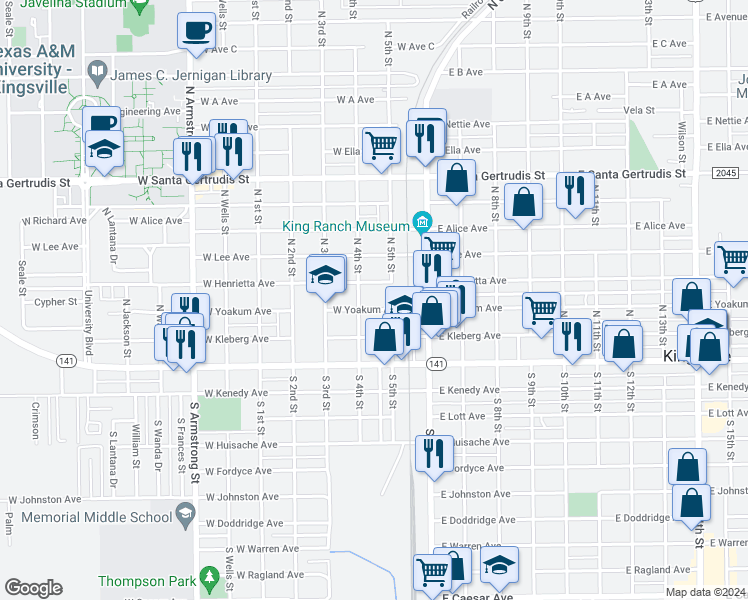 map of restaurants, bars, coffee shops, grocery stores, and more near 120 North 4th Street in Kingsville