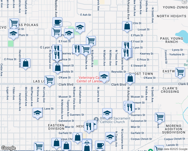 map of restaurants, bars, coffee shops, grocery stores, and more near 2201 Okane Street in Laredo