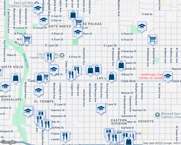 map of restaurants, bars, coffee shops, grocery stores, and more near 1005 Okane Street in Laredo