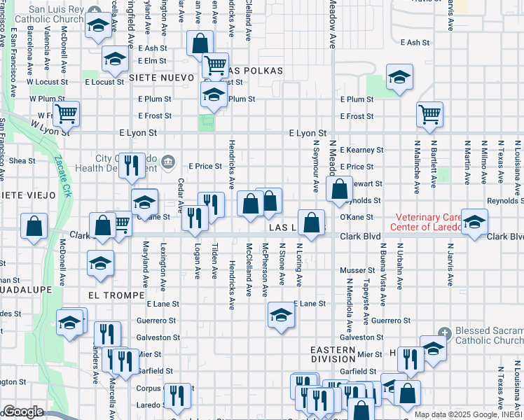 map of restaurants, bars, coffee shops, grocery stores, and more near 1202 Clark Boulevard in Laredo