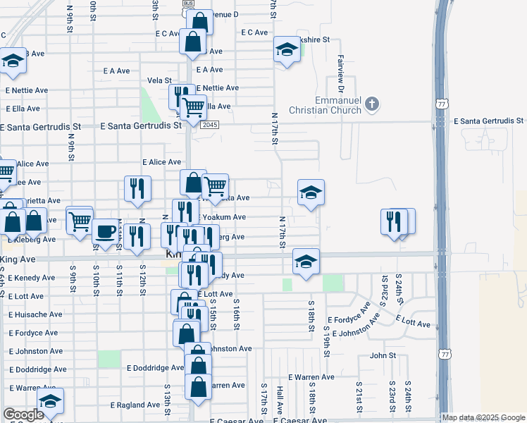 map of restaurants, bars, coffee shops, grocery stores, and more near 1253 East Yoakum Avenue in Kingsville
